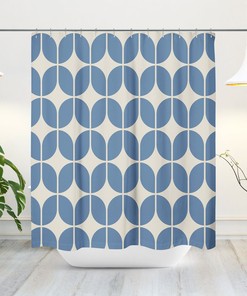Retro Bath Minimalist Geometric Shower Curtain in Light Blue and Beige with Mid-Century Flair