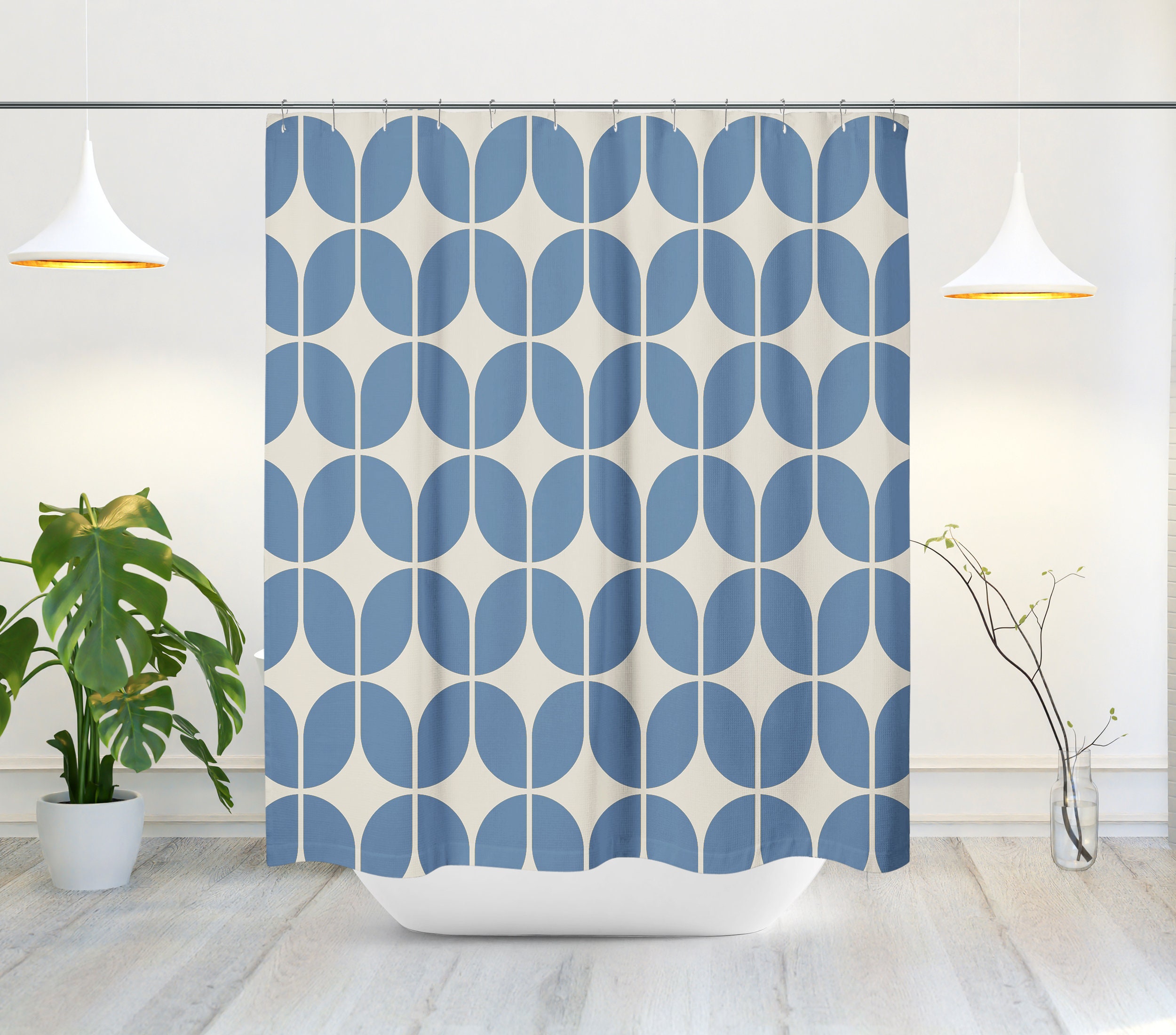 Retro Bath Minimalist Geometric Shower Curtain in Light Blue and Beige with Mid-Century Flair