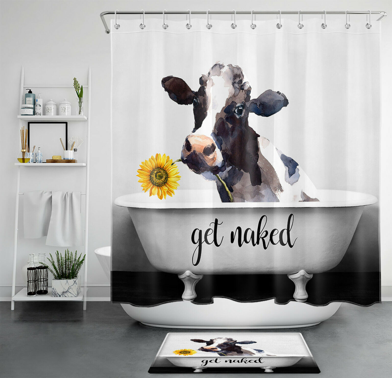 Retro Bathtub Get Naked With Cow Sunflower Farmhouse Shower Curtain For Bathroom