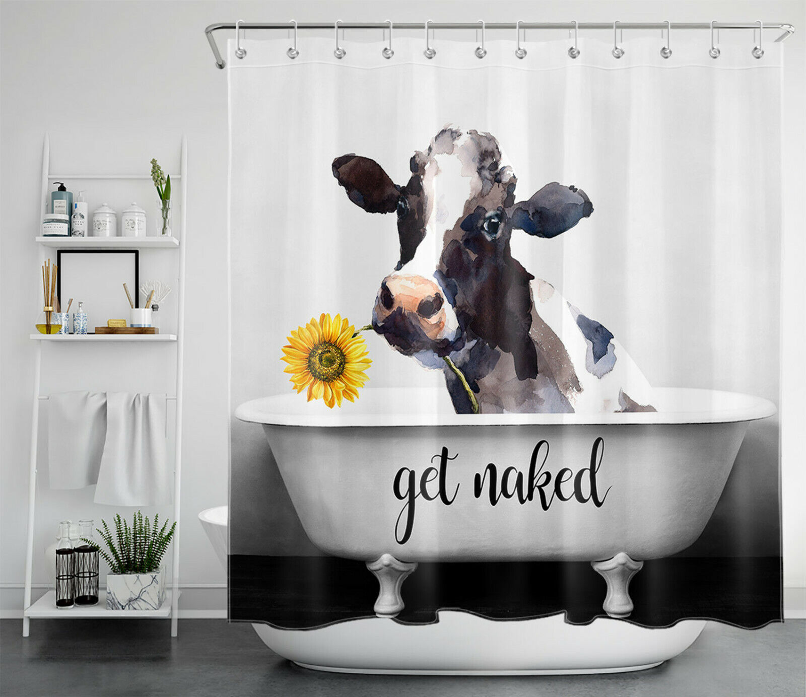Retro Bathtub Get Naked With Cow Sunflower Farmhouse Shower Curtain For Bathroom