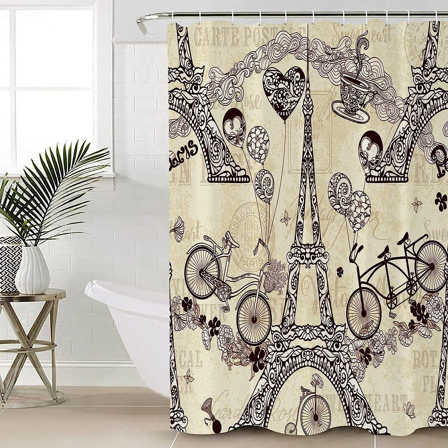 Retro Bicycle Love Heart Balloon Valentines Eiffel Tower Shower Curtain