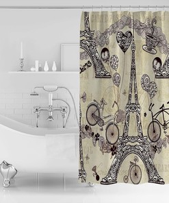 Retro Bicycle Love Heart Balloon Valentines Eiffel Tower Shower Curtain