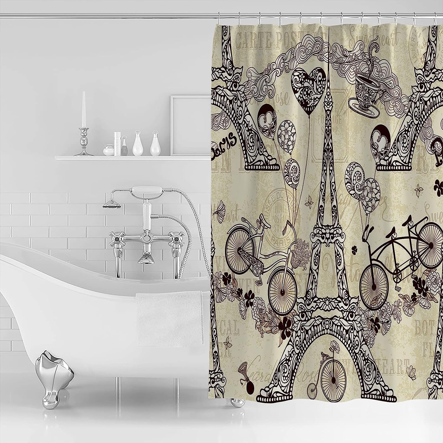 Retro Bicycle Love Heart Balloon Valentines Eiffel Tower Shower Curtain