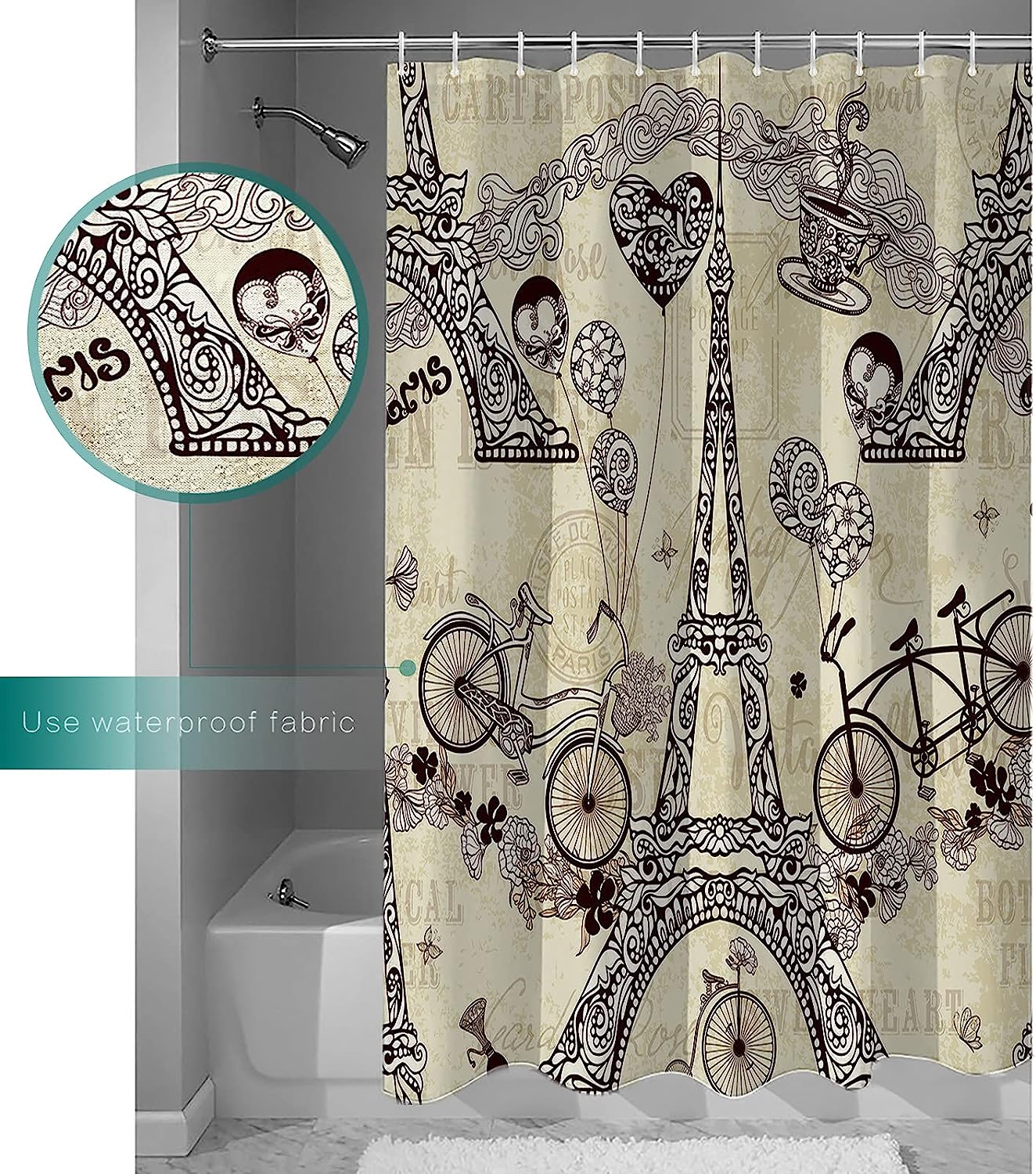 Retro Bicycle Love Heart Balloon Valentines Eiffel Tower Shower Curtain