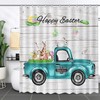 Retro Blue Truck Car Rustic Wood Easter Shower Curtain - Spring Happy Rabbit Eggs Bunny Fabric Bathroom Decor Accessory