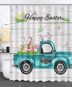 Retro Blue Truck Car Rustic Wood Easter Shower Curtain - Spring Happy Rabbit Eggs Bunny Fabric Bathroom Decor Accessory