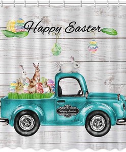Retro Blue Truck Car Rustic Wood Easter Shower Curtain - Spring Happy Rabbit Eggs Bunny Fabric Bathroom Decor Accessory