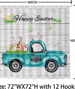Retro Blue Truck Car Rustic Wood Easter Shower Curtain - Spring Happy Rabbit Eggs Bunny Fabric Bathroom Decor Accessory
