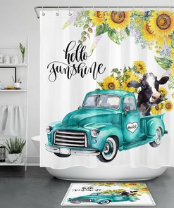 Retro Blue Truck Shower Curtain with Farm Cow and Sunflower for a Nostalgic Touch