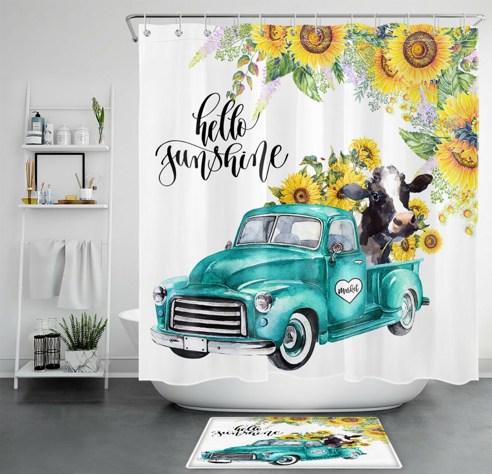Retro Blue Truck Shower Curtain with Farm Cow and Sunflower for a Nostalgic Touch