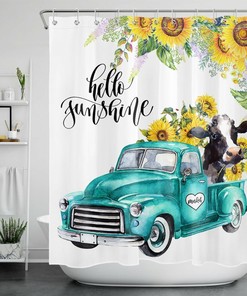 Retro Blue Truck Shower Curtain with Farm Cow and Sunflower for a Nostalgic Touch