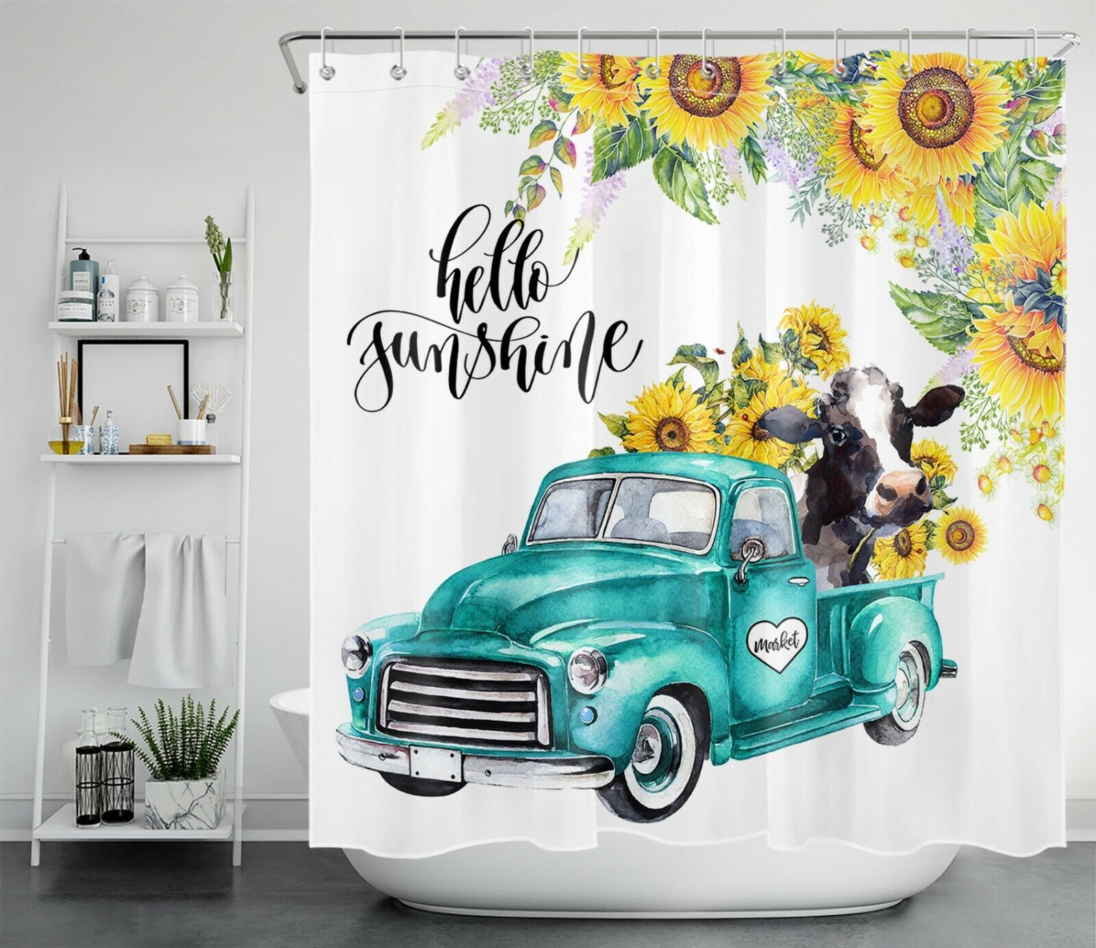 Retro Blue Truck Shower Curtain with Farm Cow and Sunflower for a Nostalgic Touch