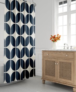 Retro Blue and Beige Geometric Minimalist Shower Curtain, Mid-Century Bath Accessory with Modern Charm