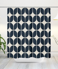 Retro Blue and Beige Geometric Minimalist Shower Curtain, Mid-Century Bath Accessory with Modern Charm