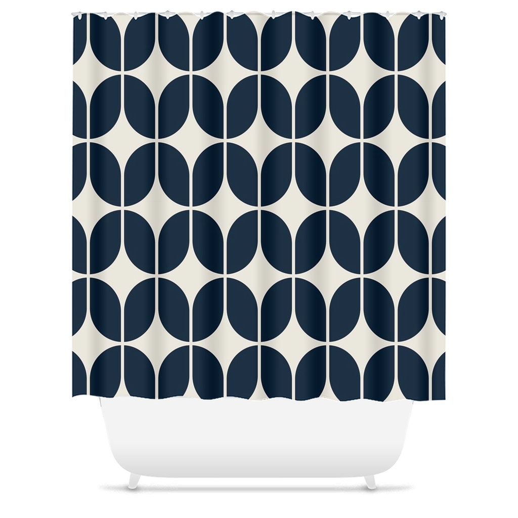 Retro Blue and Beige Geometric Minimalist Shower Curtain, Mid-Century Bath Accessory with Modern Charm