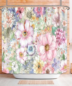 Retro Boho Botanical Fabric Shower Curtain With Colorful Flower, Butterfly Design, Ideal Bathroom Accessory