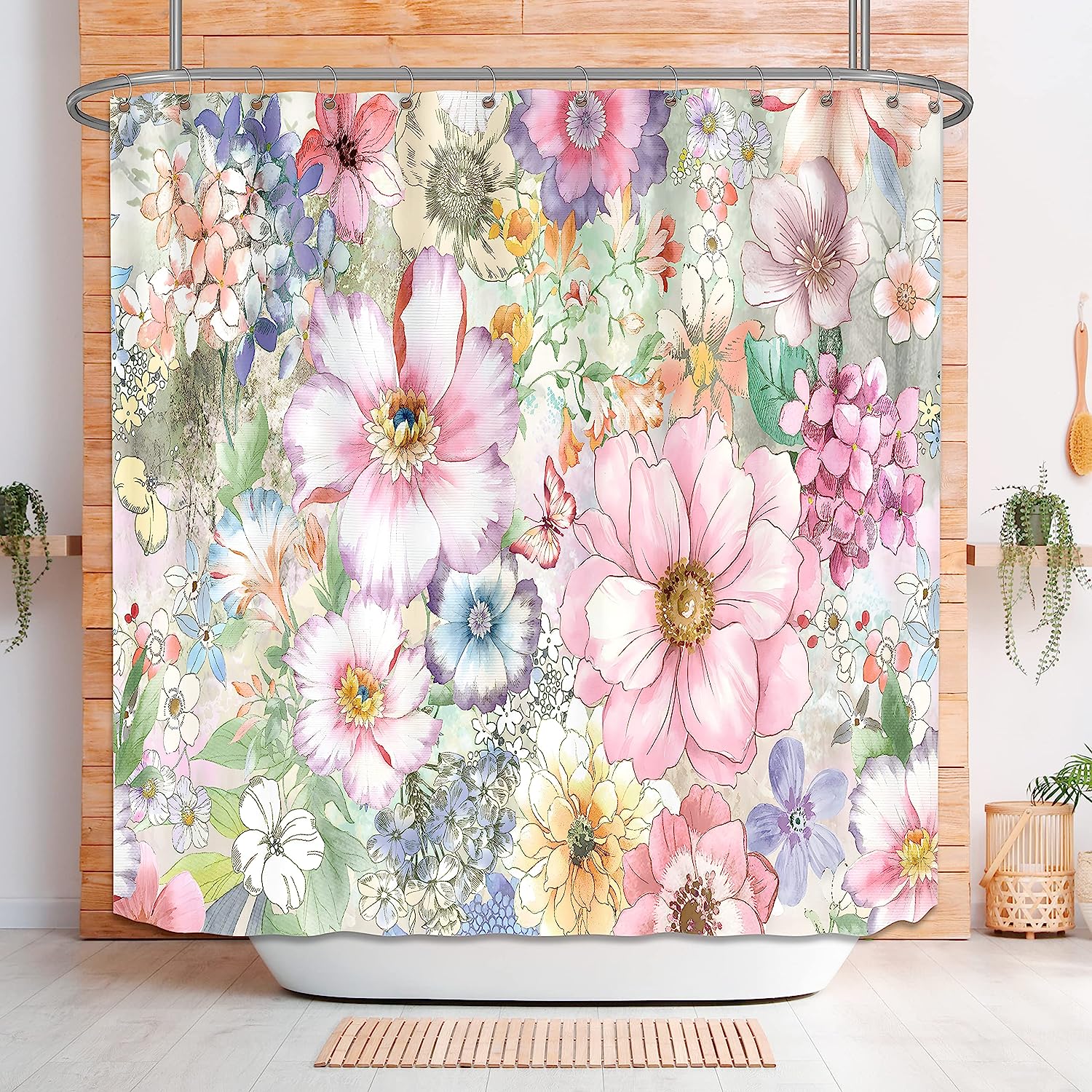 Retro Boho Botanical Fabric Shower Curtain With Colorful Flower, Butterfly Design, Ideal Bathroom Accessory