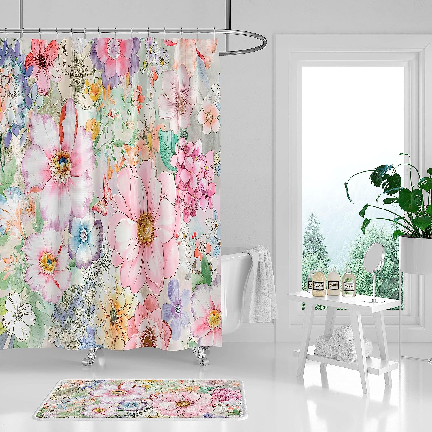 Retro Boho Botanical Fabric Shower Curtain With Colorful Flower, Butterfly Design, Ideal Bathroom Accessory - Image 2