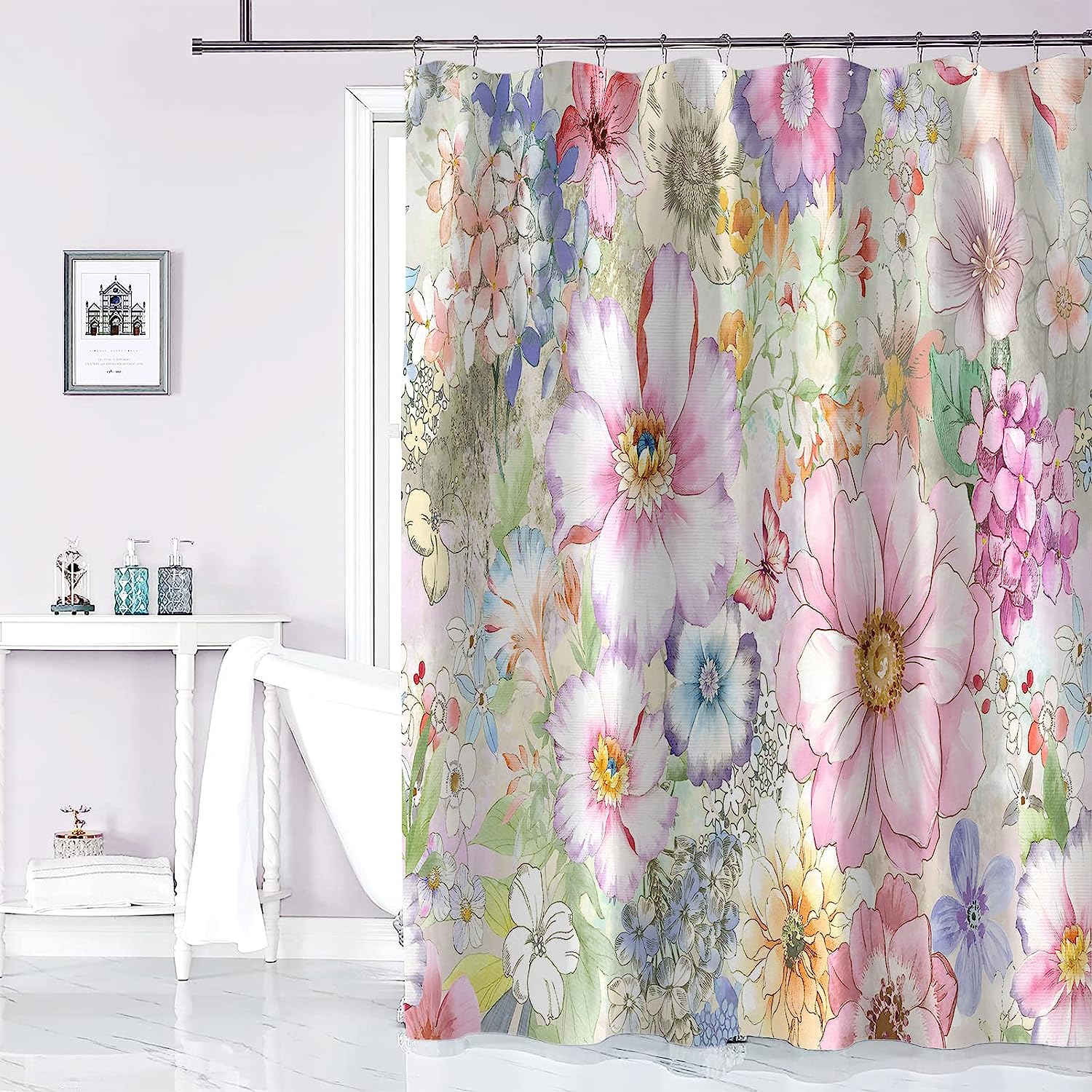 Retro Boho Botanical Fabric Shower Curtain With Colorful Flower, Butterfly Design, Ideal Bathroom Accessory - Image 3