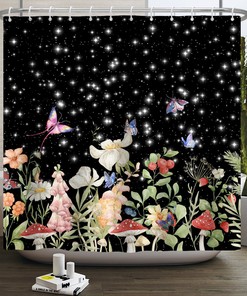 Retro Boho Butterfly Mushroom Tropical Night Shower Curtain - Starry Sky Nature Floral Design