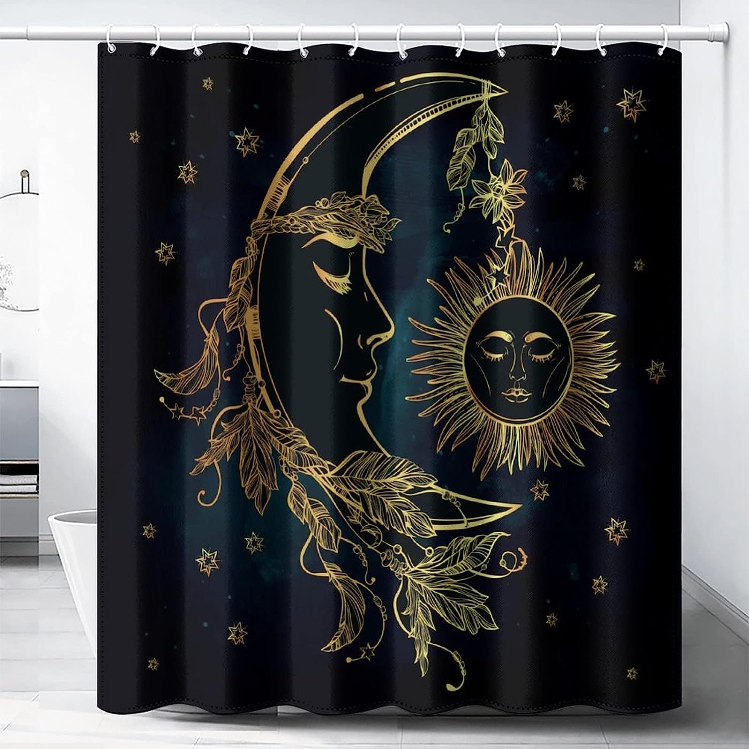 Retro Boho Dreamcatcher Stars Black Summer Vintage Bright Golden Moon Sun Shower Curtain