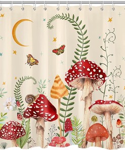 Retro Boho Mushroom Shower Curtain, Botanical Floral Design With Butterfly And Moon Stars, Durable And Washable 