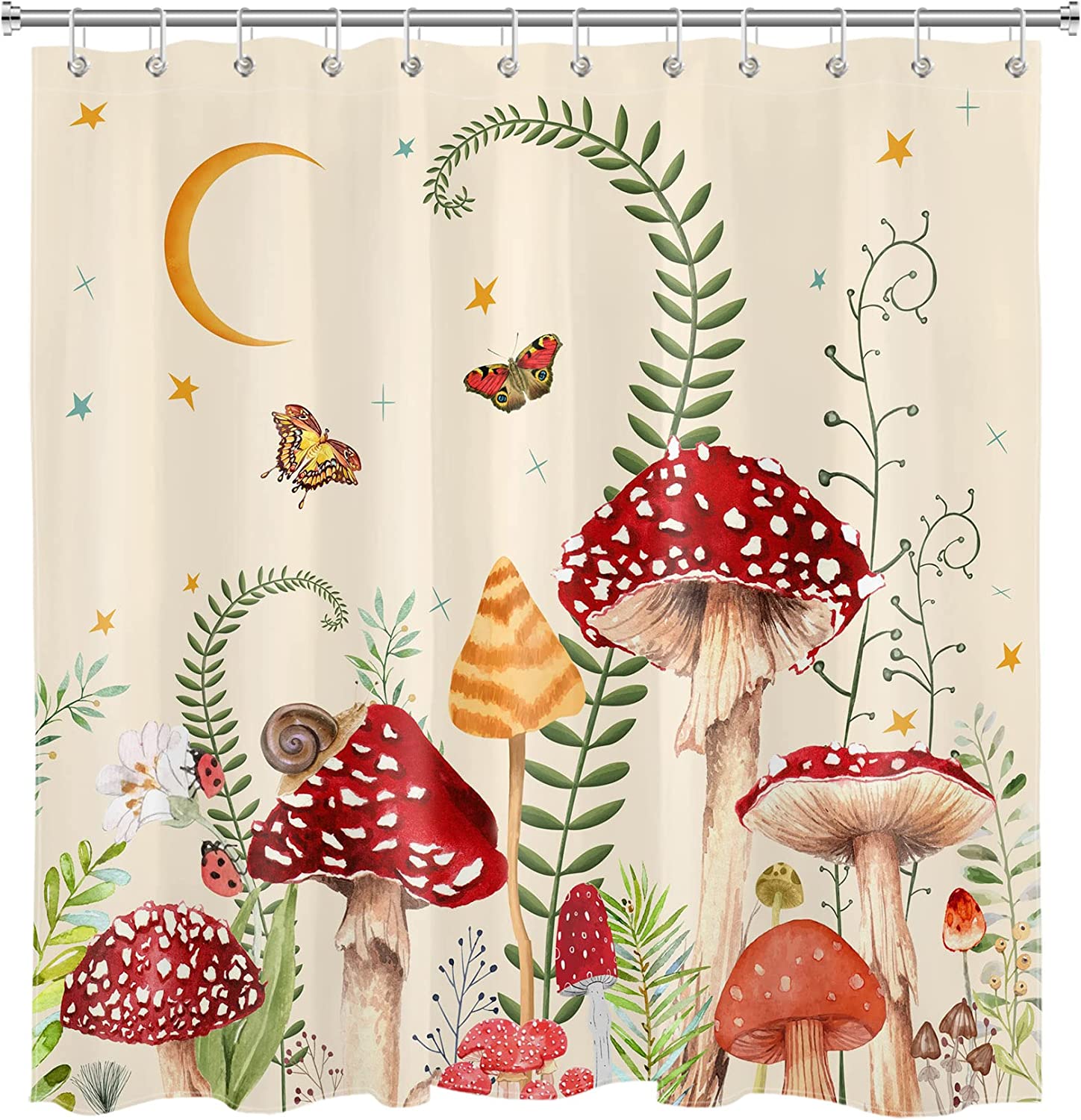 Retro Boho Mushroom Shower Curtain, Botanical Floral Design With Butterfly And Moon Stars, Durable And Washable