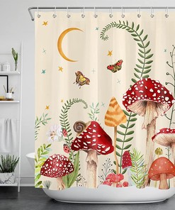 Retro Boho Mushroom Shower Curtain, Botanical Floral Design With Butterfly And Moon Stars, Durable And Washable