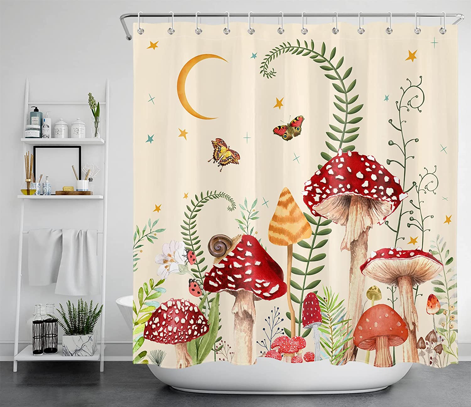 Retro Boho Mushroom Shower Curtain, Botanical Floral Design With Butterfly And Moon Stars, Durable And Washable