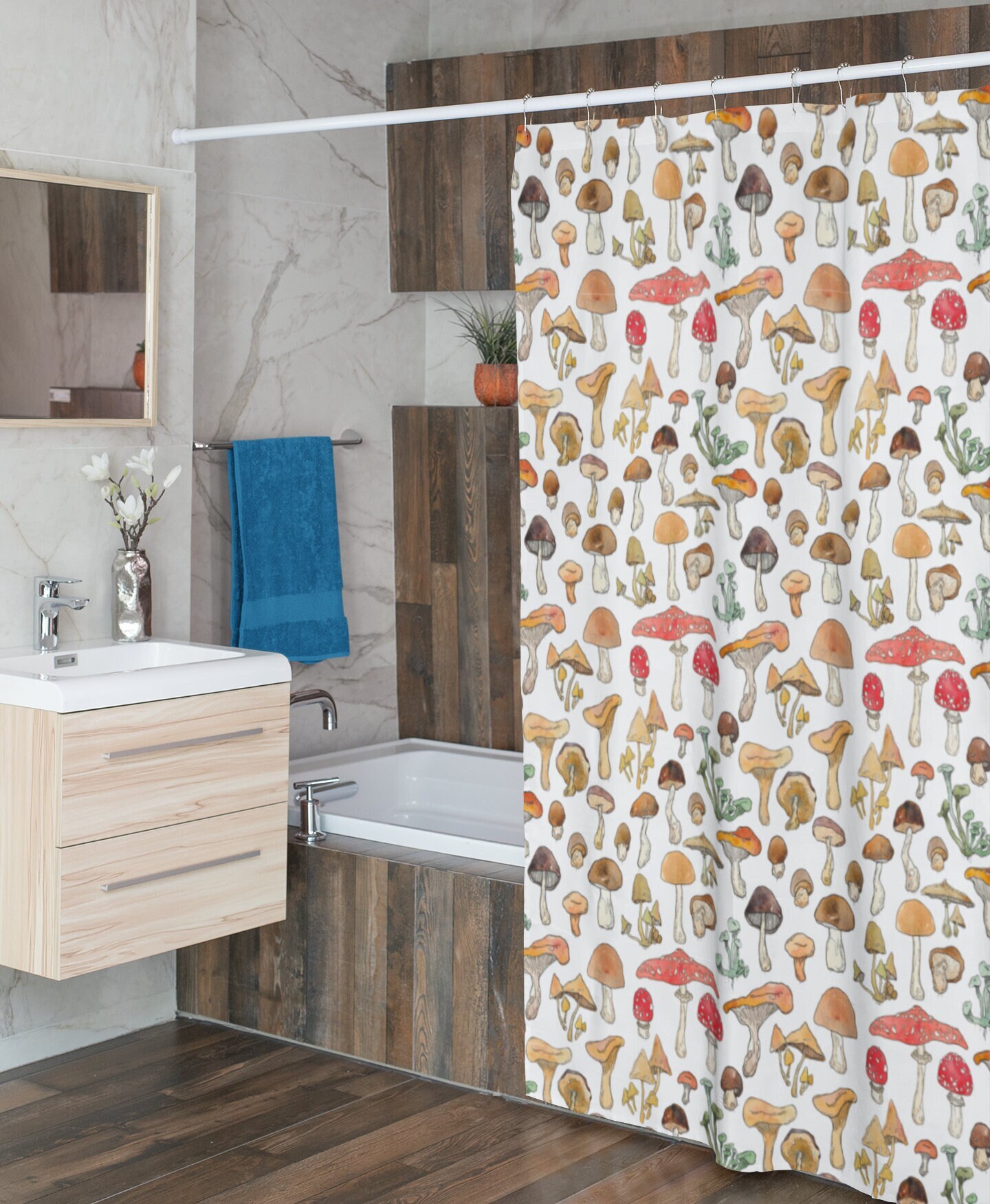 Retro Boho Mushroom Shower Curtain, Vintage Woodland Bathroom Decor with Mid-Century Modern Charm