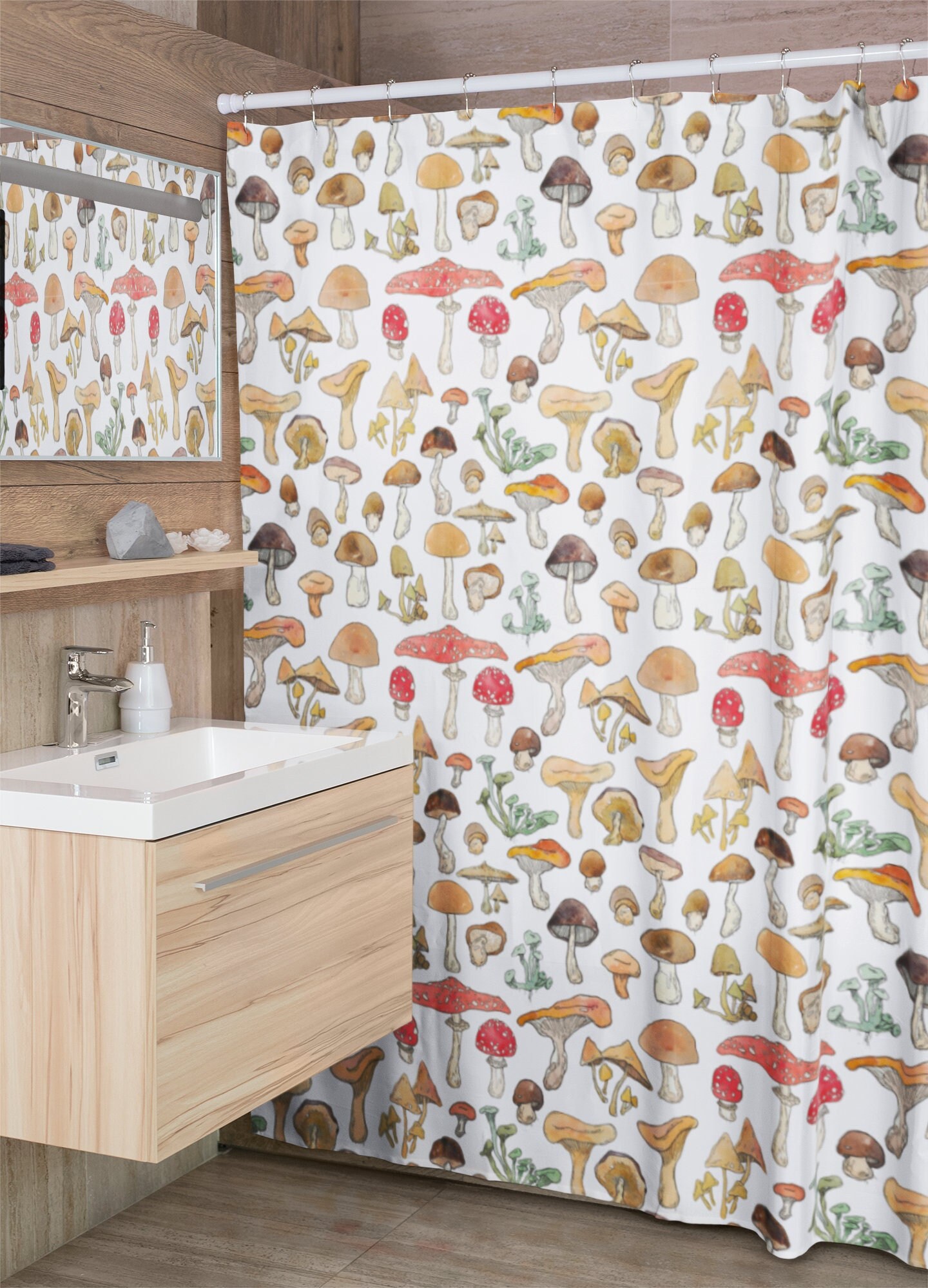 Retro Boho Mushroom Shower Curtain, Vintage Woodland Bathroom Decor with Mid-Century Modern Charm