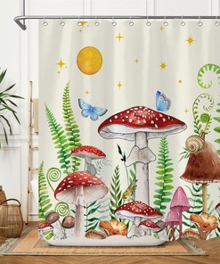 Retro Boho Mushrooms and Butterfly Shower Curtain, Botanical Theme for Aesthetic Bathroom Decor