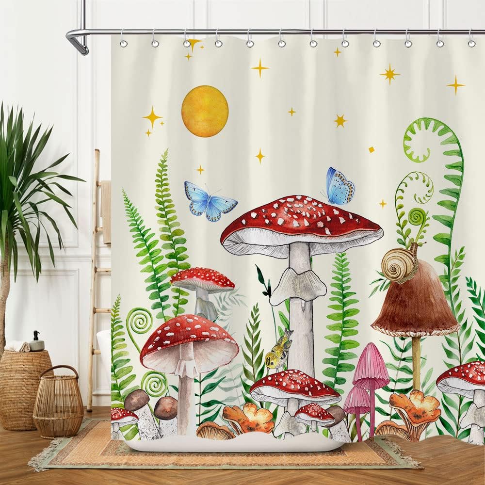 Retro Boho Mushrooms and Butterfly Shower Curtain, Botanical Theme for Aesthetic Bathroom Decor