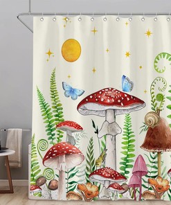 Retro Boho Mushrooms and Butterfly Shower Curtain, Botanical Theme for Aesthetic Bathroom Decor