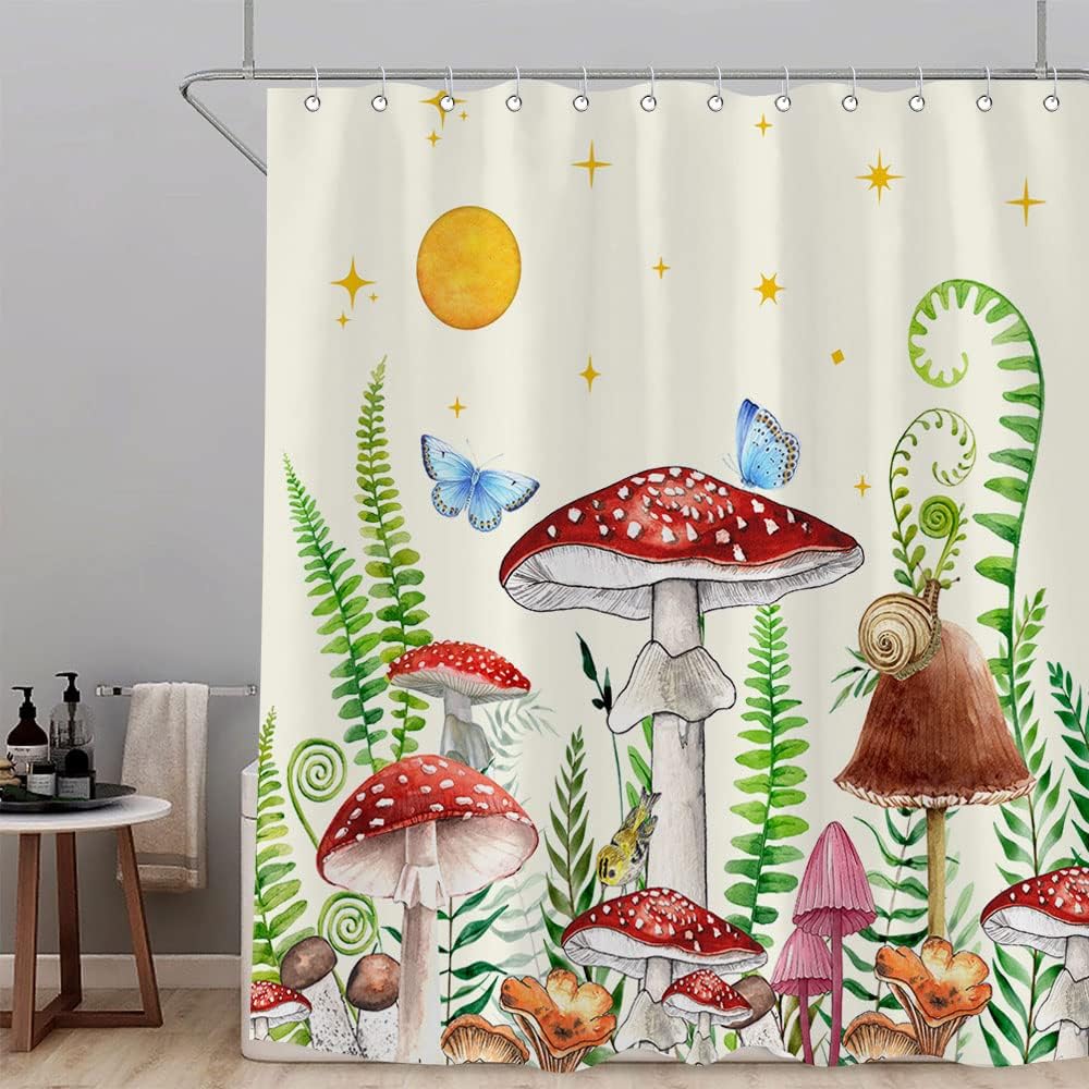 Retro Boho Mushrooms and Butterfly Shower Curtain, Botanical Theme for Aesthetic Bathroom Decor