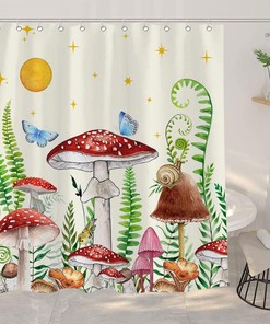 Retro Boho Mushrooms and Butterfly Shower Curtain, Botanical Theme for Aesthetic Bathroom Decor