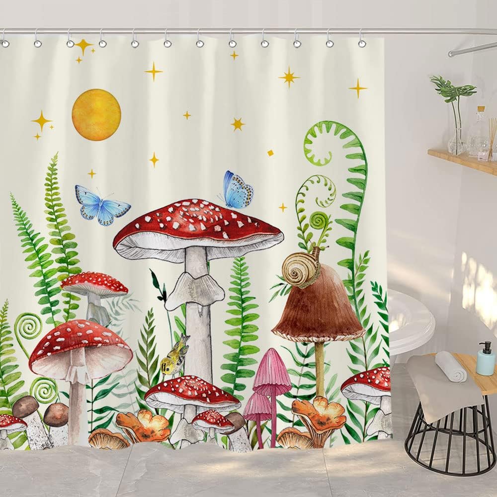 Retro Boho Mushrooms and Butterfly Shower Curtain, Botanical Theme for Aesthetic Bathroom Decor