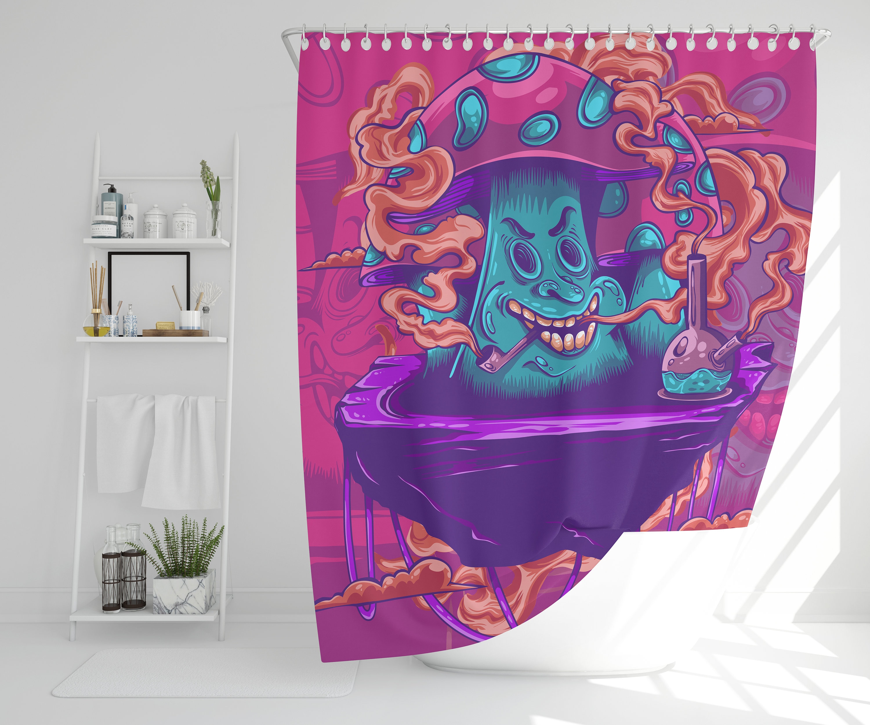 Retro Boho Shower Curtain with Magic Mushroom Design - Add a Hipster Vibe to Your Bathroom.