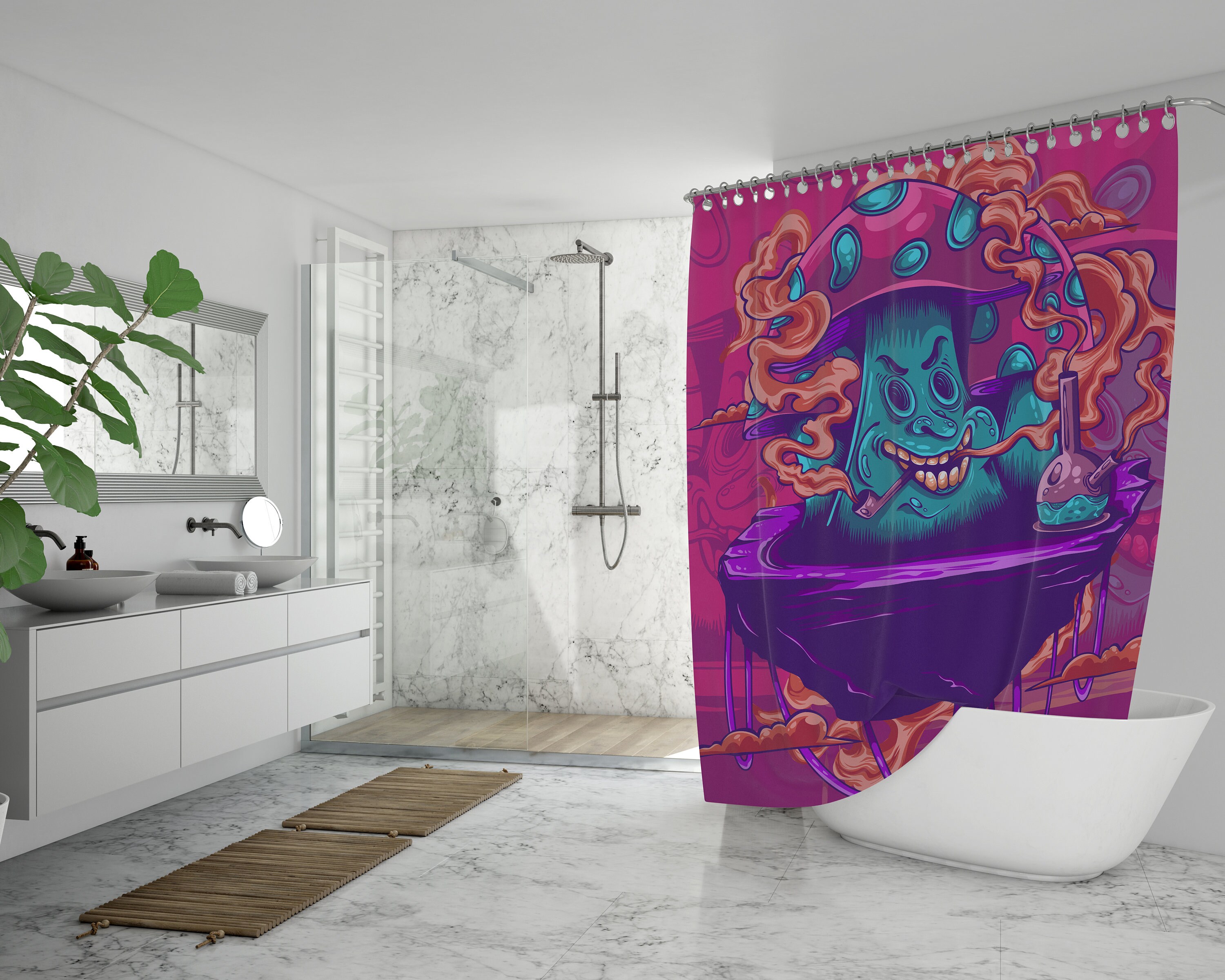 Retro Boho Shower Curtain with Magic Mushroom Design - Add a Hipster Vibe to Your Bathroom.
