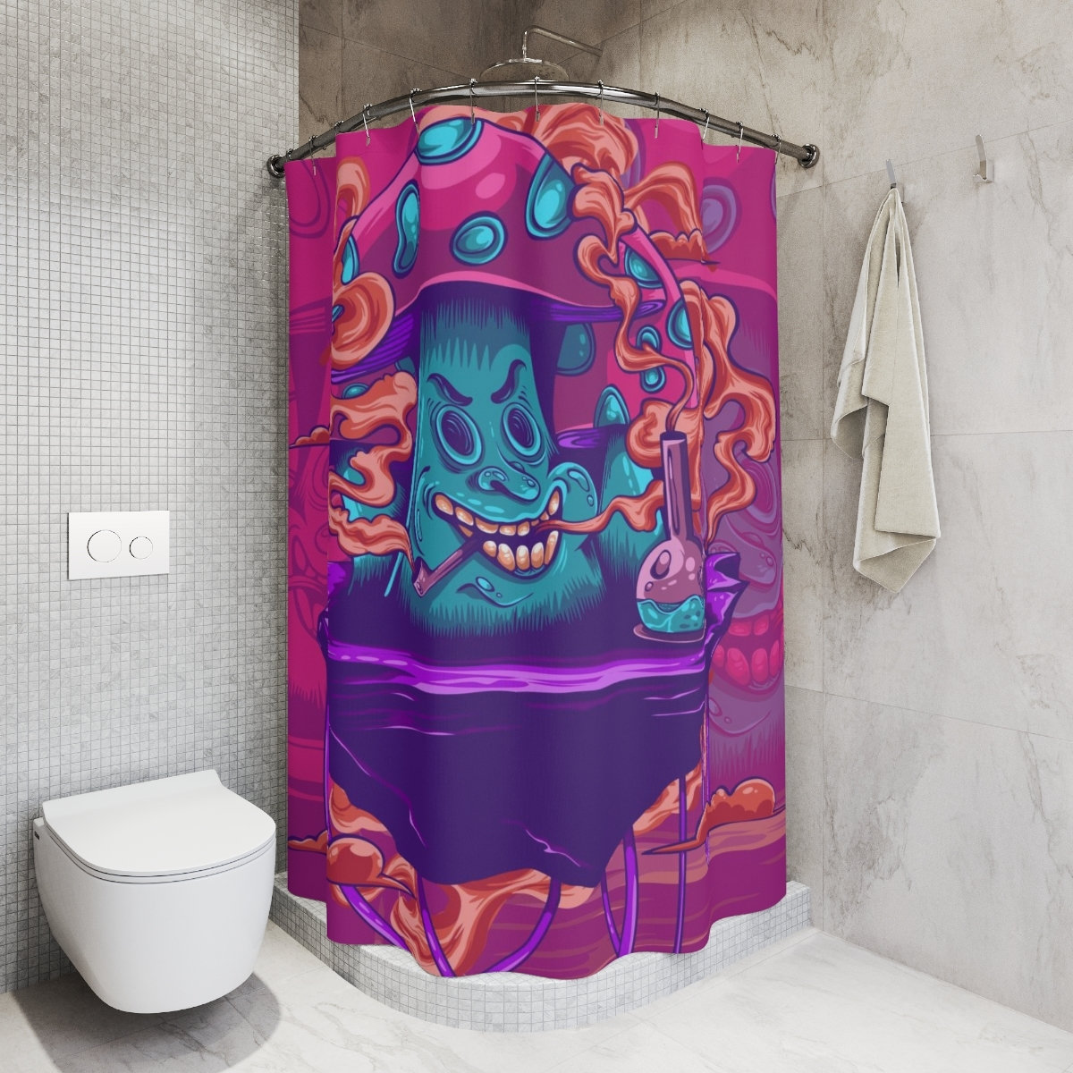 Retro Boho Shower Curtain with Magic Mushroom Design - Add a Hipster Vibe to Your Bathroom.