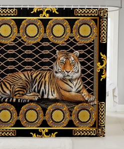 Retro Boho Tiger Shower Curtain for Kids and Adults, Geometric Patchwork Print and Brown Color