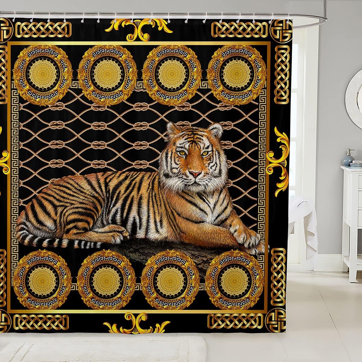 Retro Boho Tiger Shower Curtain for Kids and Adults, Geometric Patchwork Print and Brown Color