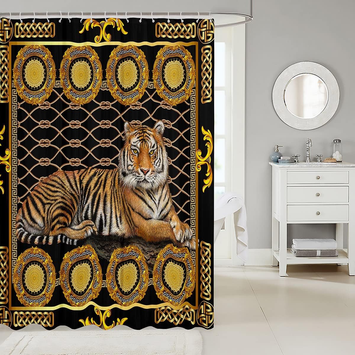 Retro Boho Tiger Shower Curtain for Kids and Adults, Geometric Patchwork Print and Brown Color