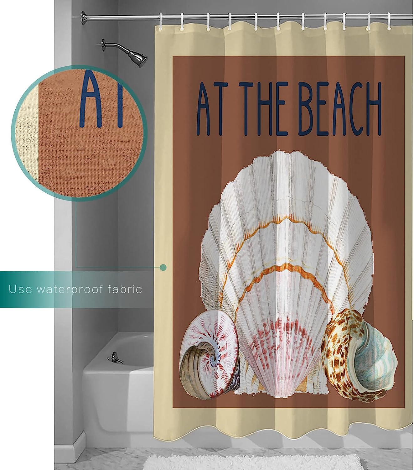 Retro Brown Seashell Summer Theme Waterproof Fabric Shower Curtain - Image 2