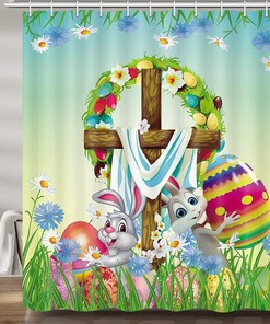 Retro Bunny Rabbit And Eggs Easter Shower Curtain For Bathroom Decor