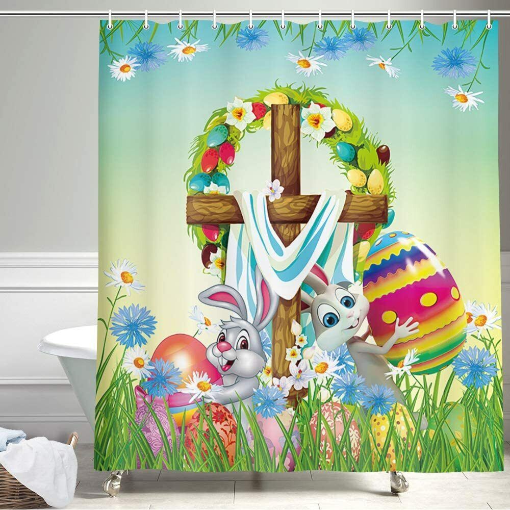 Retro Bunny Rabbit And Eggs Easter Shower Curtain For Bathroom Decor