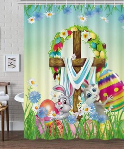 Retro Bunny Rabbit And Eggs Easter Shower Curtain For Bathroom Decor