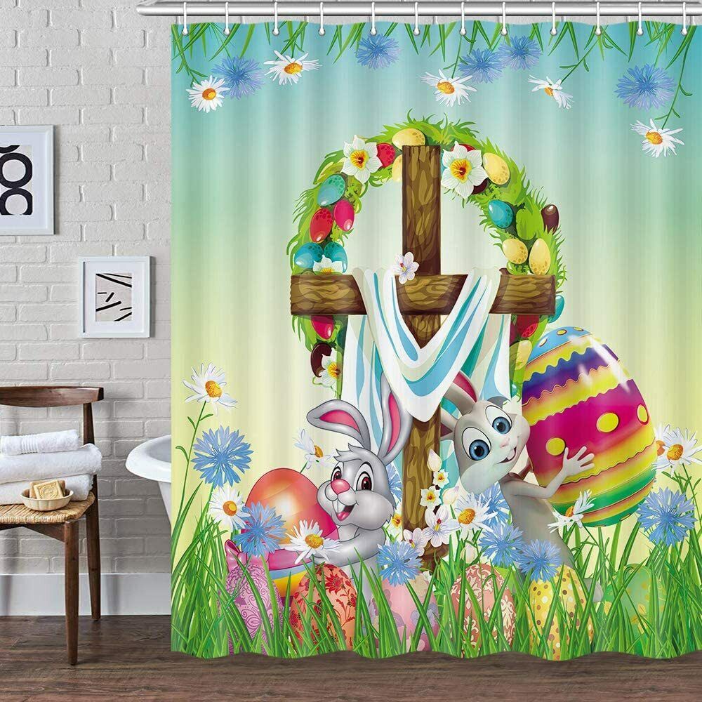 Retro Bunny Rabbit And Eggs Easter Shower Curtain For Bathroom Decor