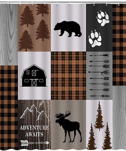 Retro Cabin Bear Shower Curtain Rustic Lodge Hunting Animal Bathroom Decor