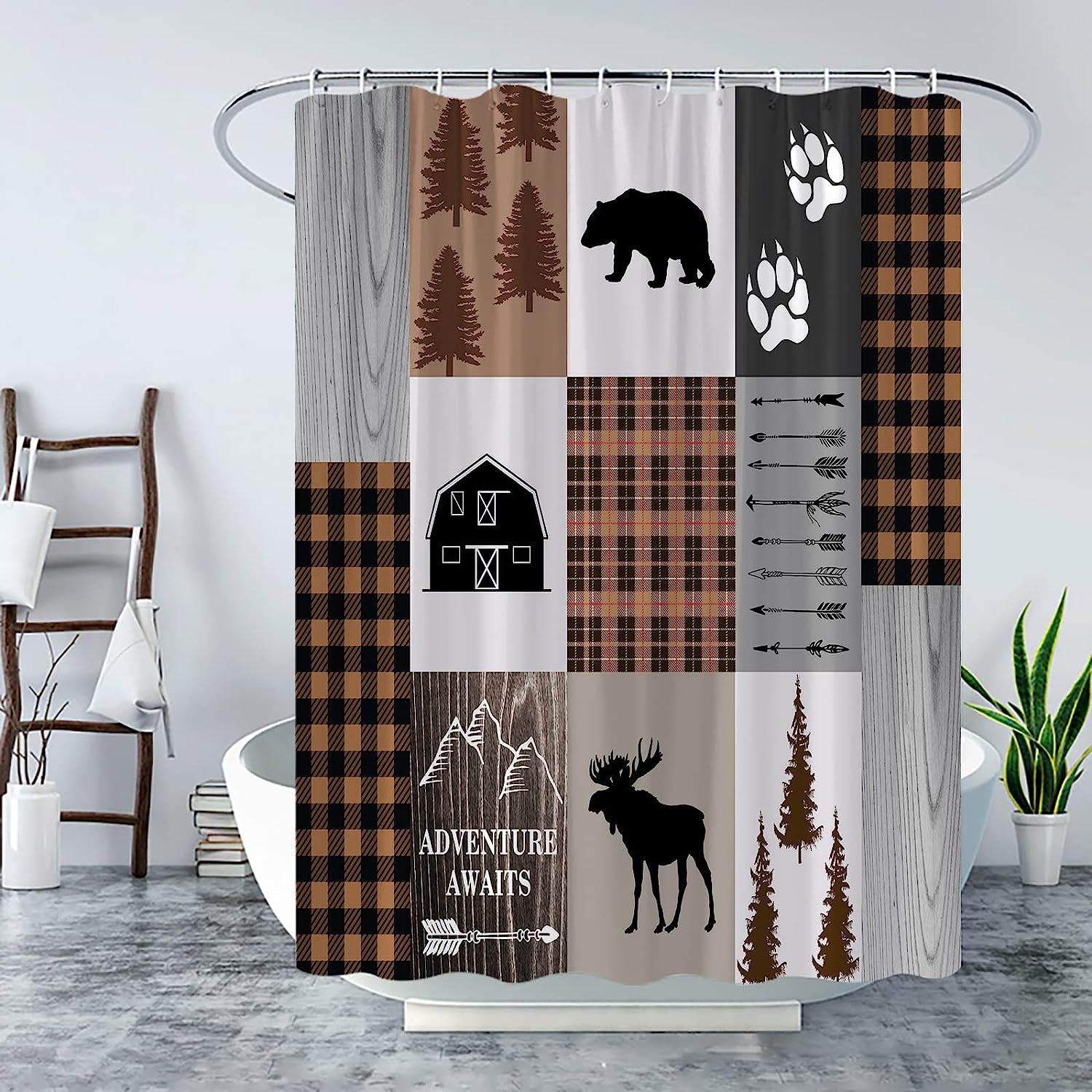 Retro Cabin Bear Shower Curtain Rustic Lodge Hunting Animal Bathroom Decor